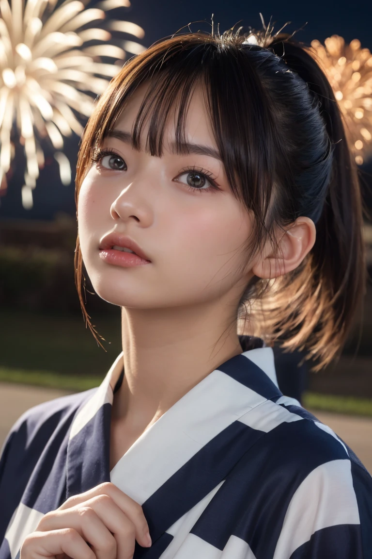 Highest quality, The finer details, (Beautiful single girl))), Highly detailed eyes and face, firework, yukata, looking up at firework, ponytail, Large tear bags, double eyelid