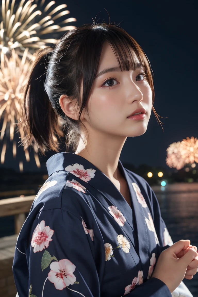 Highest quality, The finer details, (Beautiful single girl))), Highly detailed eyes and face, firework, yukata, looking up at firework, ponytail, Large tear bags, double eyelid
