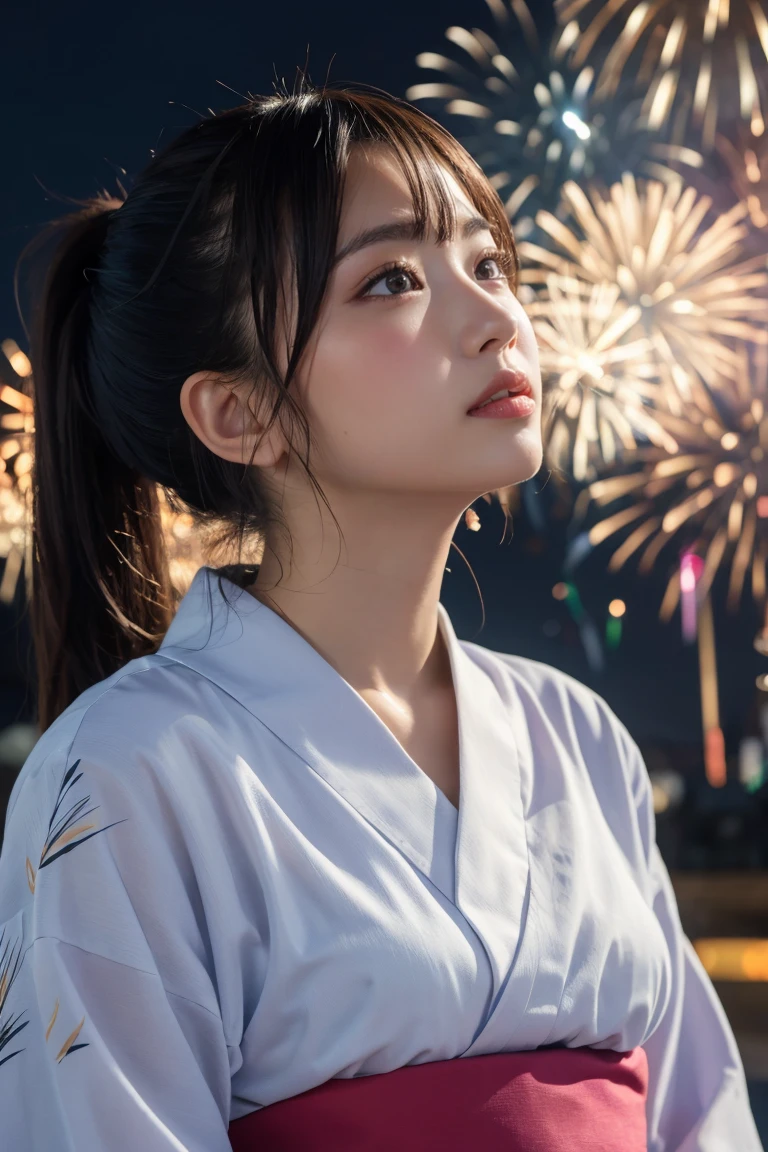Highest quality, The finer details, (Beautiful One Woman))), Highly detailed eyes and face, firework, yukata, looking up at firework, ponytail, Large tear bags, double eyelid
