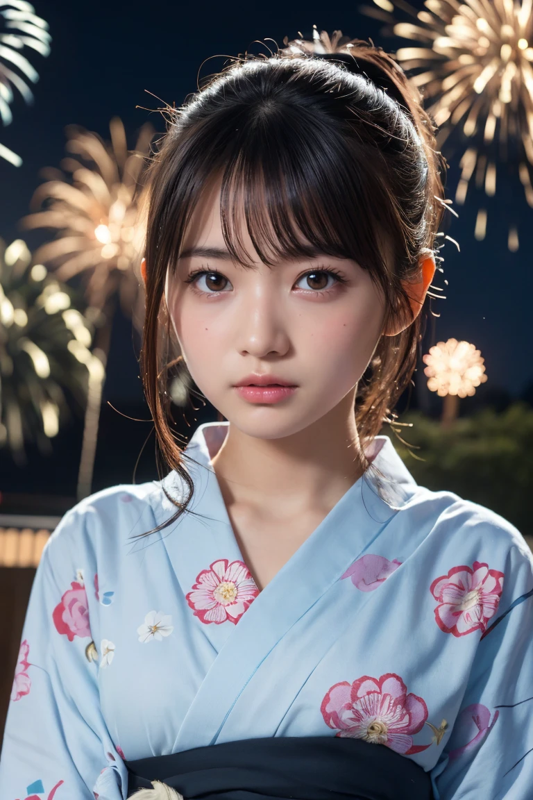 Highest quality, The finer details, (Beautiful single girl))), Highly detailed eyes and face, firework, yukata, looking up at firework, ponytail, Large tear bags, double eyelid