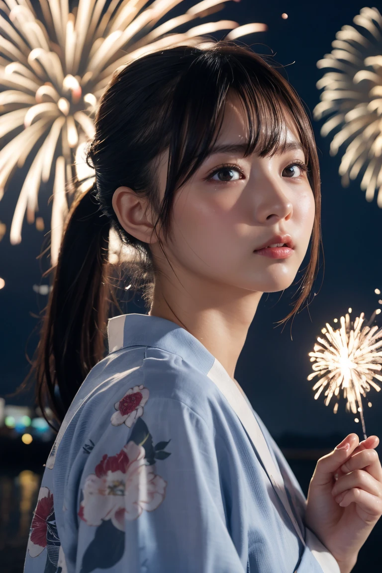 Highest quality, The finer details, (Beautiful single girl))), Highly detailed eyes and face, firework, yukata, looking up at firework, ponytail, Large tear bags, double eyelid