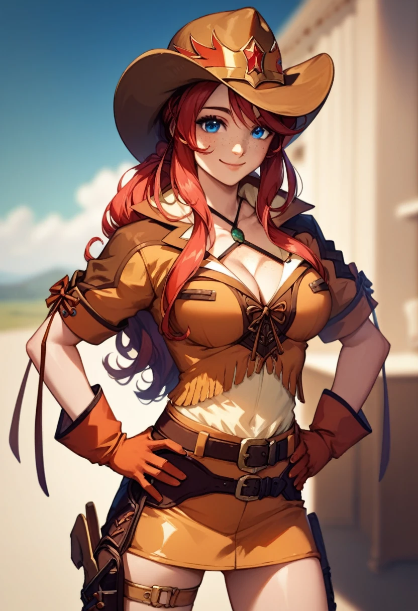 score_9, score_8_up, score_7_up, very aesthetic, source_anime, detailed, high quality, beautiful, masterpiece, detailed eyes, blurry background,
cowboy shot, upper body, smile, mouth closed,
gemini sunrise, red hair, long hair, blue eyes, freckles, sidelocks, big breasts, cleavage, facing the viewer, looking at the viewer, hands on hips
belt, thigh strap, cowboy hat, cowboy boots, fringe trim, gloves, miniskirt, zPDXL