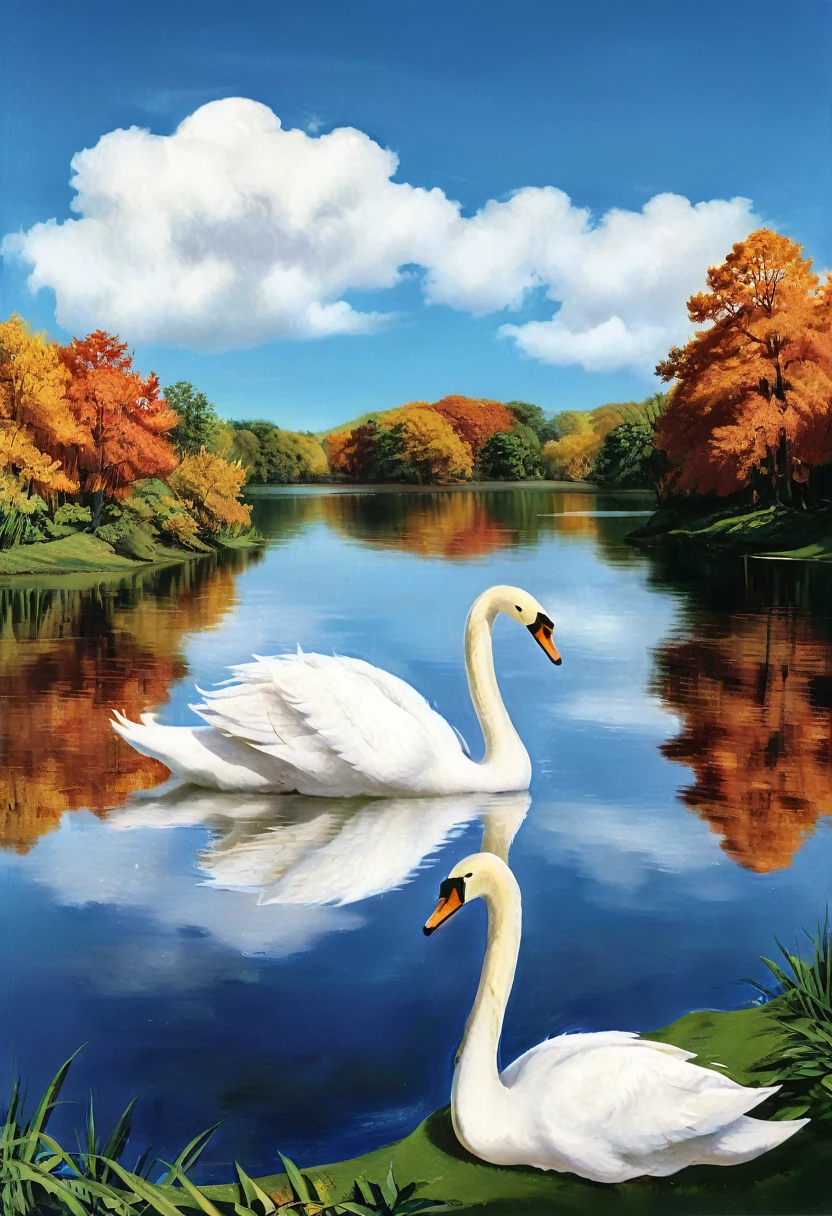 a giant white swan in a beautiful lake landscape, detailed closeup, photorealistic, 8k, ultra-detailed, highly detailed, intricate details, realistic water reflections, dramatic lighting, serene atmosphere, warm colors, blue sky, stunning scenery, lush foliage, beautiful sky, fluffy clouds, detailed feathers, elegant swan pose, tranquil pond, gorgeous nature setting