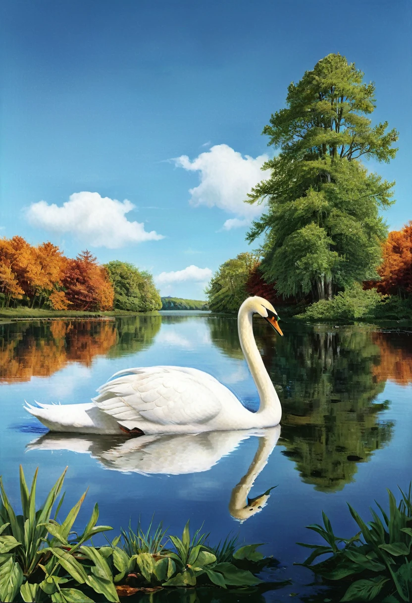 a giant white swan in a beautiful lake landscape, detailed closeup, photorealistic, 8k, ultra-detailed, highly detailed, intricate details, realistic water reflections, dramatic lighting, serene atmosphere, warm colors, blue sky, stunning scenery, lush foliage, beautiful sky, fluffy clouds, detailed feathers, elegant swan pose, tranquil pond, gorgeous nature setting