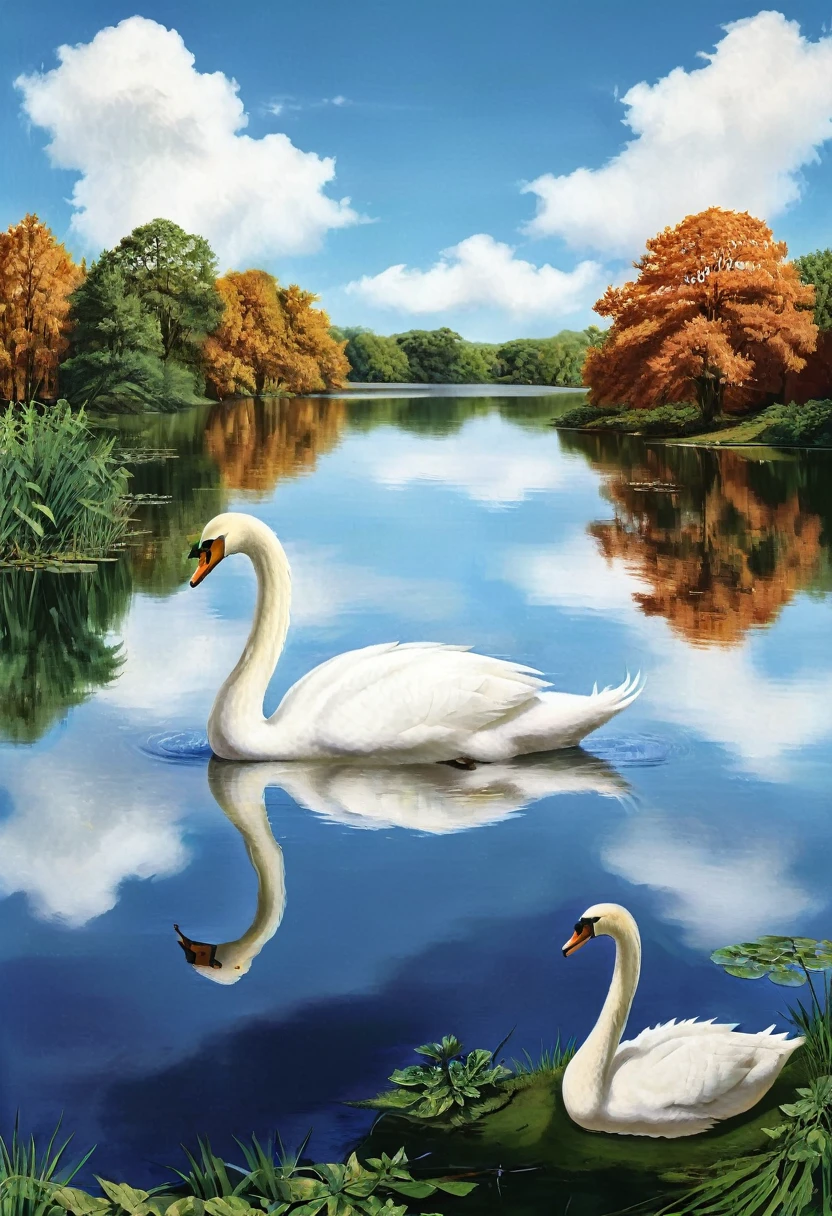 a giant white swan in a beautiful lake landscape, detailed closeup, photorealistic, 8k, ultra-detailed, highly detailed, intricate details, realistic water reflections, dramatic lighting, serene atmosphere, warm colors, blue sky, stunning scenery, lush foliage, beautiful sky, fluffy clouds, detailed feathers, elegant swan pose, tranquil pond, gorgeous nature setting