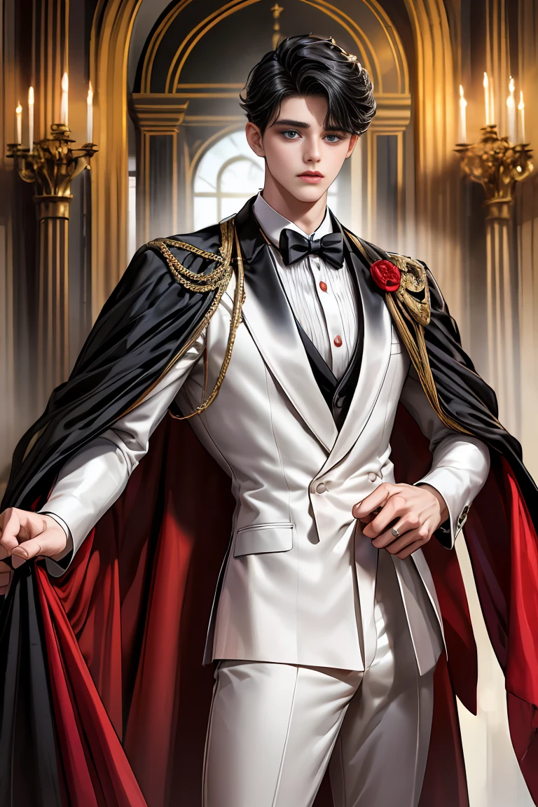 masterpiece, 最high quality, high quality, 1 boy, alone, Male focus, Watching the audience, Messy black hair, Adorable big blue eyes, White, Noble, Noble,A black and red cape that is bursting with sexy volume、Tuxedo、A very voluminous, large, very large, very large, long, long red and black cape with a high stand-up collar, made of a lot of fabric that reaches down to the floor., 17 years old,Cute beautiful boys,Cute, cute, kind, handsome guy