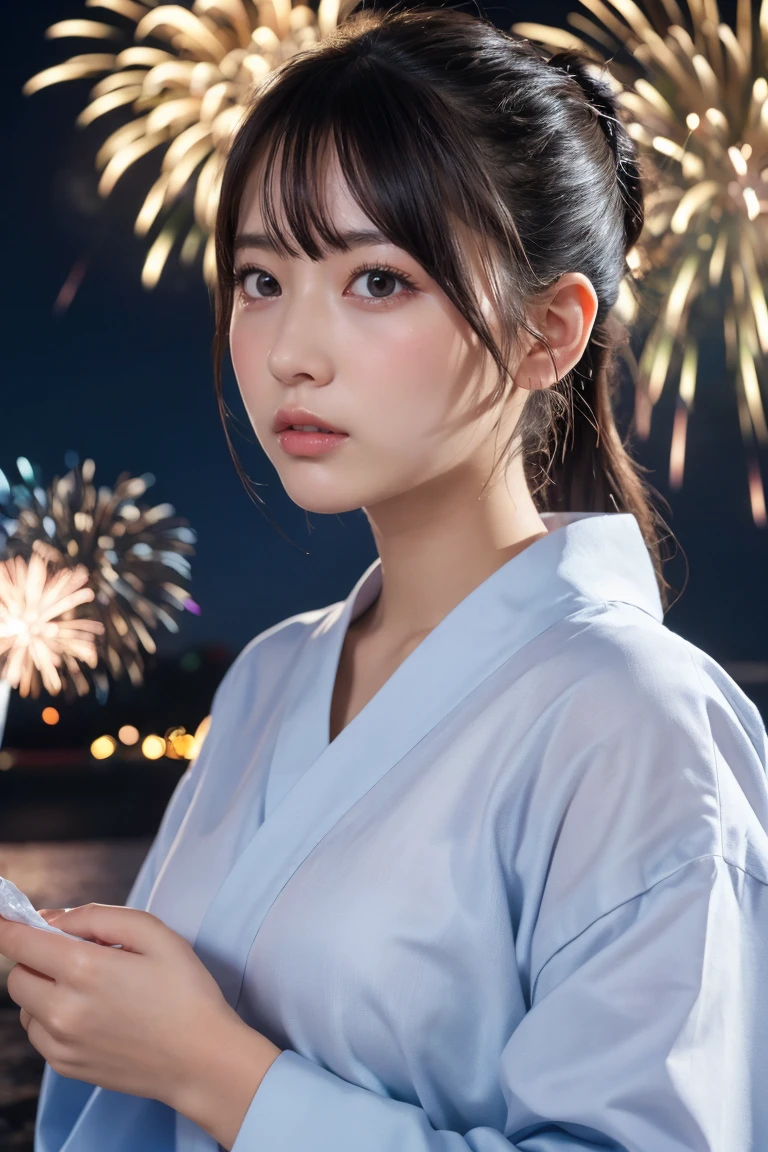 Highest quality, The finer details, (Beautiful single girl))), Highly detailed eyes and face, firework, yukata, looking up at firework, ponytail, Large tear bags, double eyelid