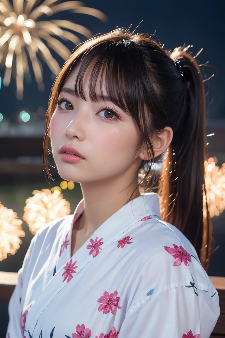 Highest quality, The finer details, (Beautiful single girl))), Highly detailed eyes and face, firework, yukata, looking up at firework, ponytail, Large tear bags, double eyelid