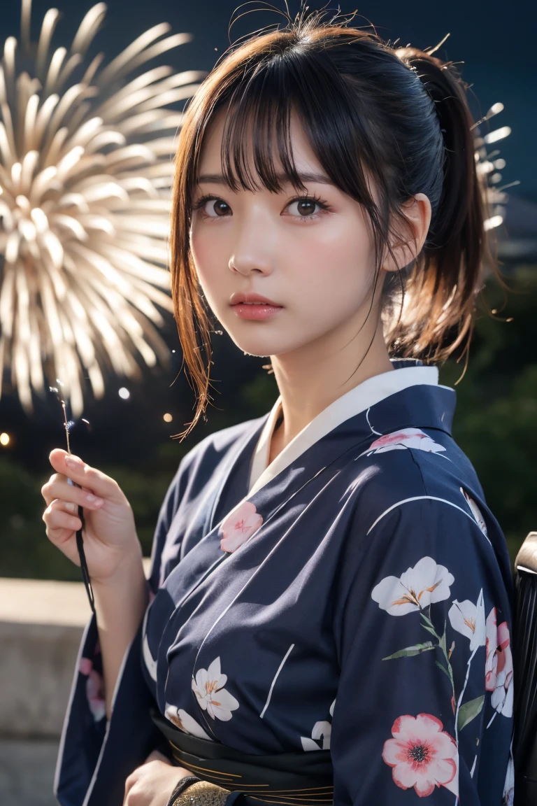 Highest quality, The finer details, (Beautiful single girl))), Highly detailed eyes and face, firework, yukata, looking up at firework, ponytail, Large tear bags, double eyelid