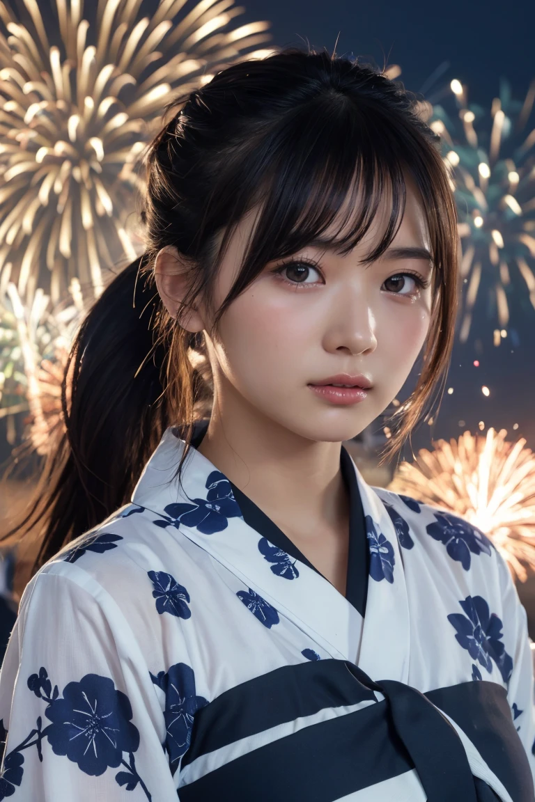 Highest quality, The finer details, (Beautiful single girl))), Highly detailed eyes and face, firework, yukata, looking up at firework, ponytail, Large tear bags, double eyelid