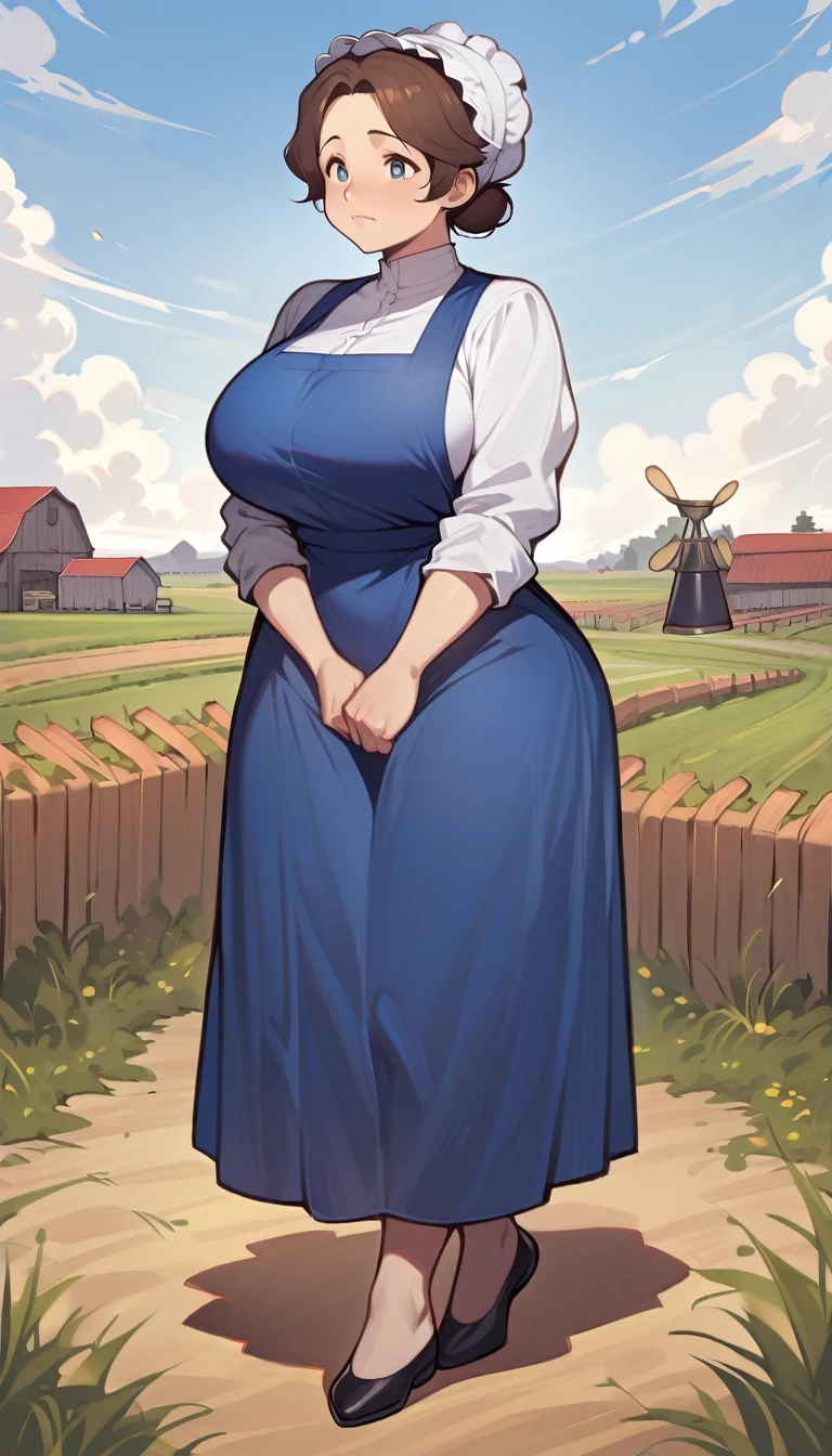 adult amish woman, 40 years old, pale skin, long sleeved blue dress, small black apron over her  blue dress, full body shown, very short brown hair in a conservative sleek bun, white bonnet kapp, wide hips, thick thighs, wearing simple black flats, thick legs, slightly below the knee dress, slight face wrinkles, tight sleeves, standing upright in a farm field, no makeup, round face, hands on lap, side view, aged face, busty, hourglass body figure, rosy cheeks