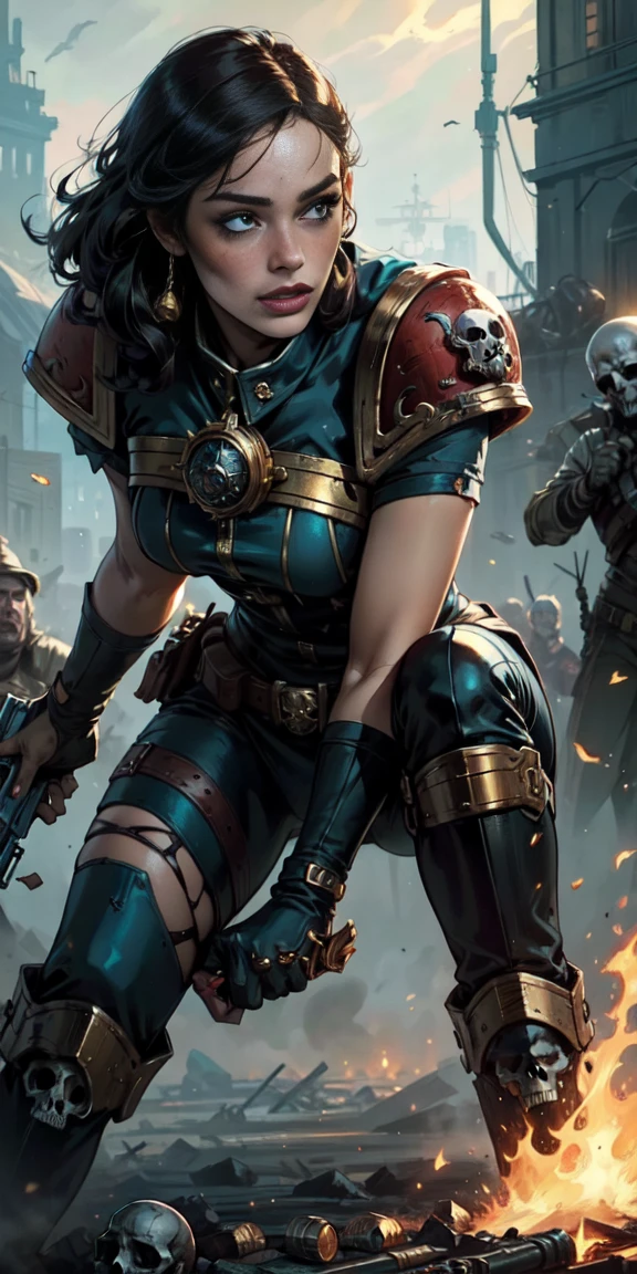 (masterpiece:1.2), (Best Quality:1.2), Perfect eyes, perfect face, perfect lighting, 1 girl, Sororitas mature whore with bolt pistol in hands, scar over one eye, eye patch, by white, skulls on the ground, Warhammer 40K, chaos, fire, Science fiction, Detailed battlefield background