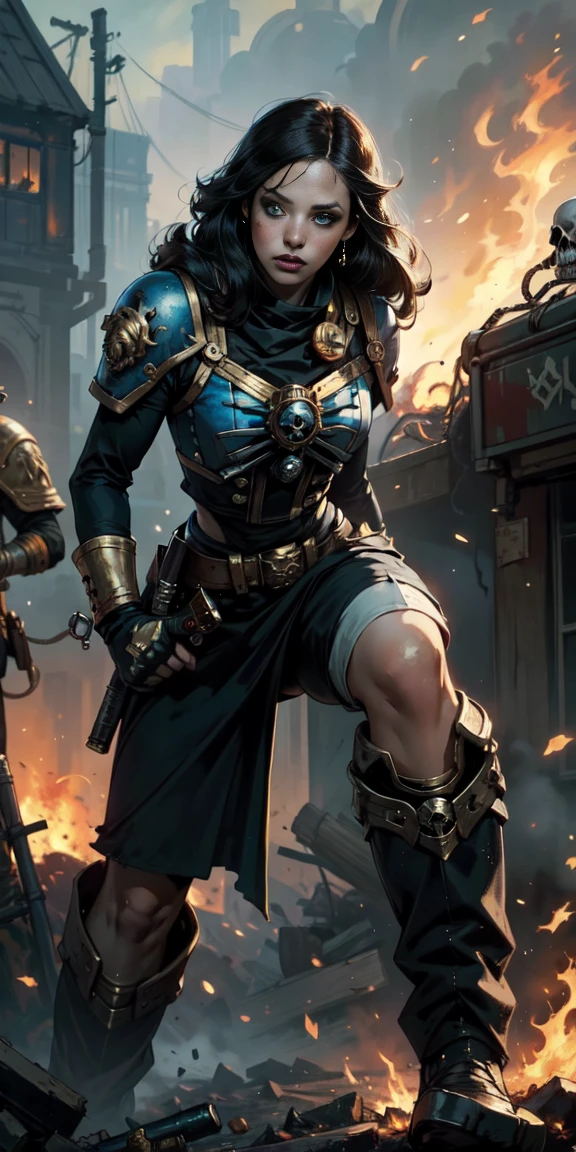 (masterpiece:1.2), (Best Quality:1.2), Perfect eyes, perfect face, perfect lighting, 1 girl, Sororitas mature whore with bolt pistol in hands, scar over one eye, eye patch, by white, skulls on the ground, Warhammer 40K, chaos, fire, Science fiction, Detailed battlefield background