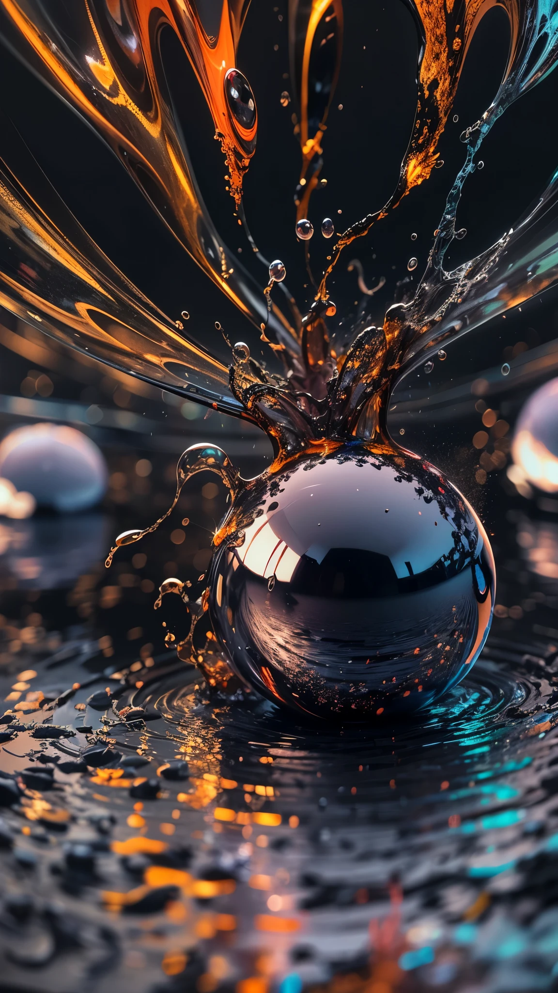 Ultra realistic, ultra-detailed, best quality, best light, dynamic point of view, marble in water, wallpaper image, broken multicolor ball, beautiful, all black background