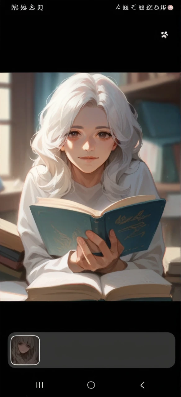 1woman, mature female, aged up, wavy long hair, white hair, hazel/brown eyes, bangs, long sleeves, finely detailed eyes and detailed face, extremely detailed, reading book happily, with the book in hands,looking at viewer, solo, upper body