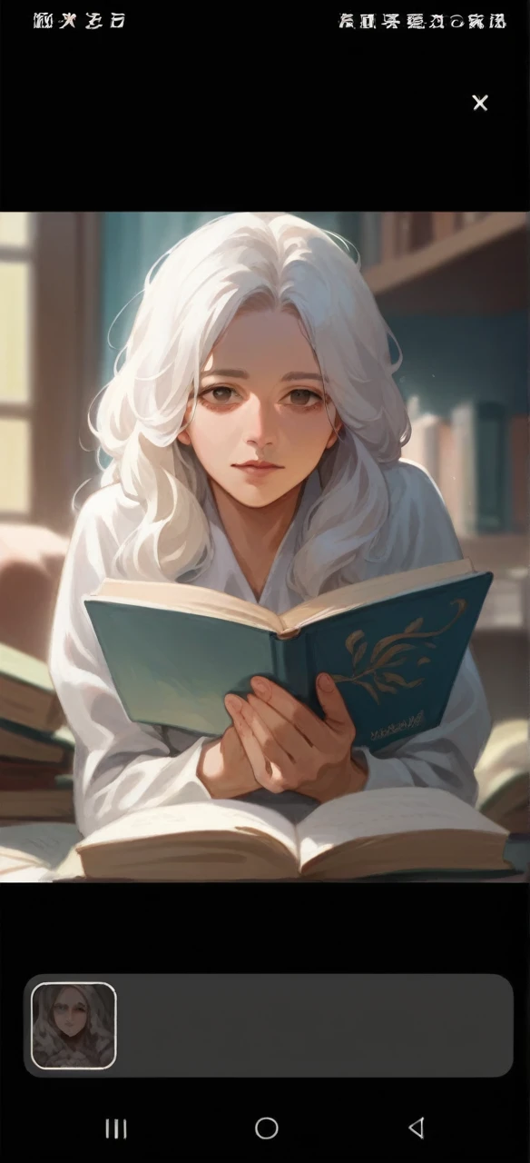 1woman, mature female, aged up, wavy long hair, white hair, hazel/brown eyes, bangs, long sleeves, finely detailed eyes and detailed face, extremely detailed, reading book happily, with the book in hands,looking at viewer, solo, upper body