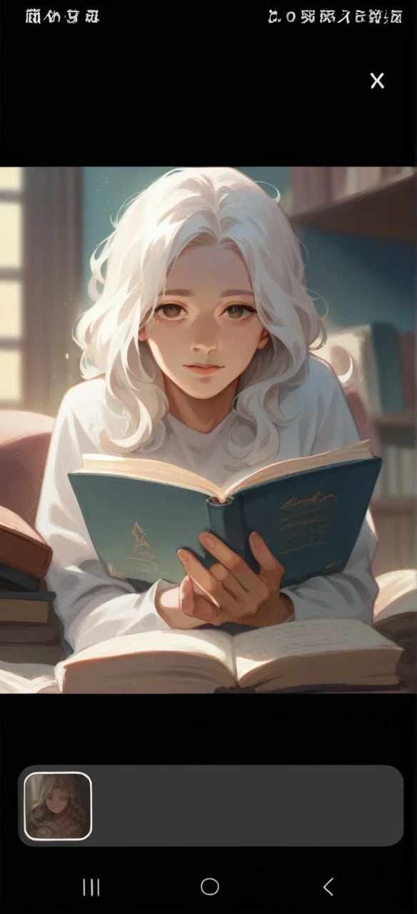 1woman, mature female, aged up, wavy long hair, white hair, hazel/brown eyes, bangs, long sleeves, finely detailed eyes and detailed face, extremely detailed, reading book happily, with the book in hands,looking at viewer, solo, upper body