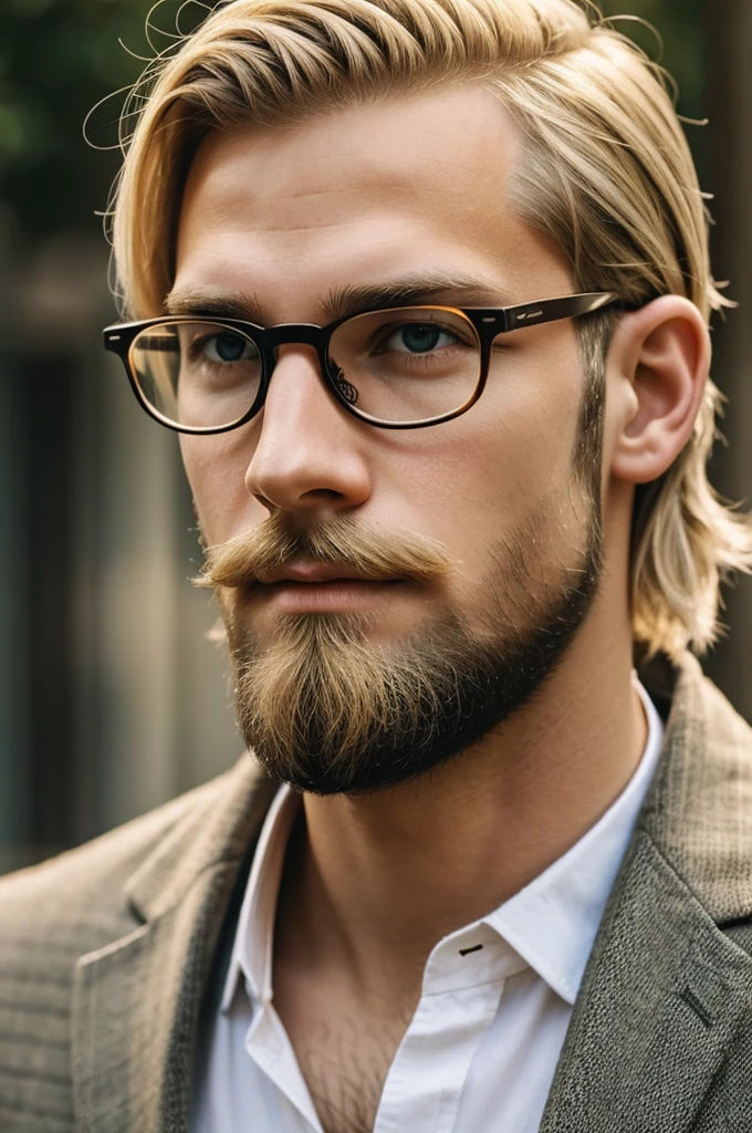 Young man. Blonde hair, beard and short mustache, glasses