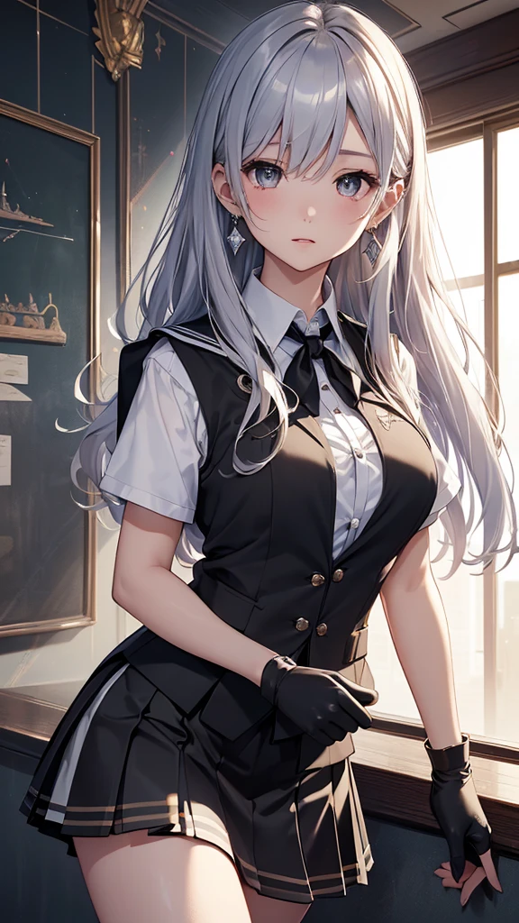 最high quality、best image quality、masterpiece、girl((20-year-old、 By becoming、vest bust、medium bust,wide open breast tea、shining eyes, silver hair、long hair、thin,highest valley、black student uniform、black short skirt、shoulder tattoo,diamond earrings、Wristband、black gloves)),high quality、beautiful art、background((School zone))、Flight、debris flies、Depth of written boundary、movie、visual art、perfect art、8K,genuine、Dynamic Performance
