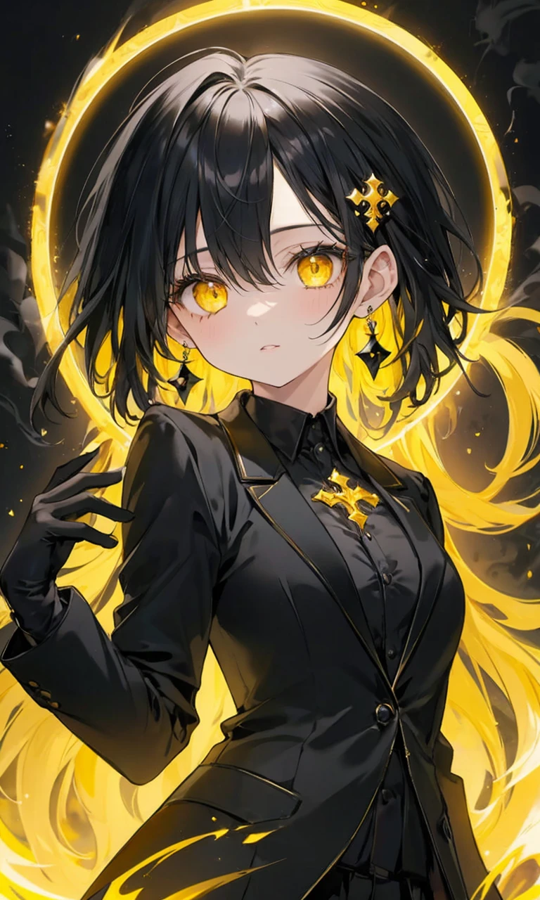 8k,High resolution RAW color art,Anime Art, (((Very detailed and cool))), Detailed skin, Blurry、texture,(Exquisitely crafted, Finer details, Ultra-detailed art), (((1 girl))), Written boundary depth, Silky to the touch, Hyper Detail, (((Cool face))), eye shadow、Silver Marble Skin, Beautiful and sophisticated eyes, Beautiful lip detail, Very delicate face, Delicate depiction of hair and eyes, masterpiece, best quality, Cinematic, Fancy effects, 1girl, Intricate details, shiny hair, shiny skin, detailed eye, hd eye, :|, beautiful eye, big eyes, gnome size, gothic, small breasts, navel, black hair, medium hair, yellow eyes, glowing eyes, baby face, goth, black casual outfit, black blazer, glowing nimbus (yellow glowing circle above head), Cross Earrings, hair between eyes, black gloves, upper body, looking at viewer, smoke background, big breasts