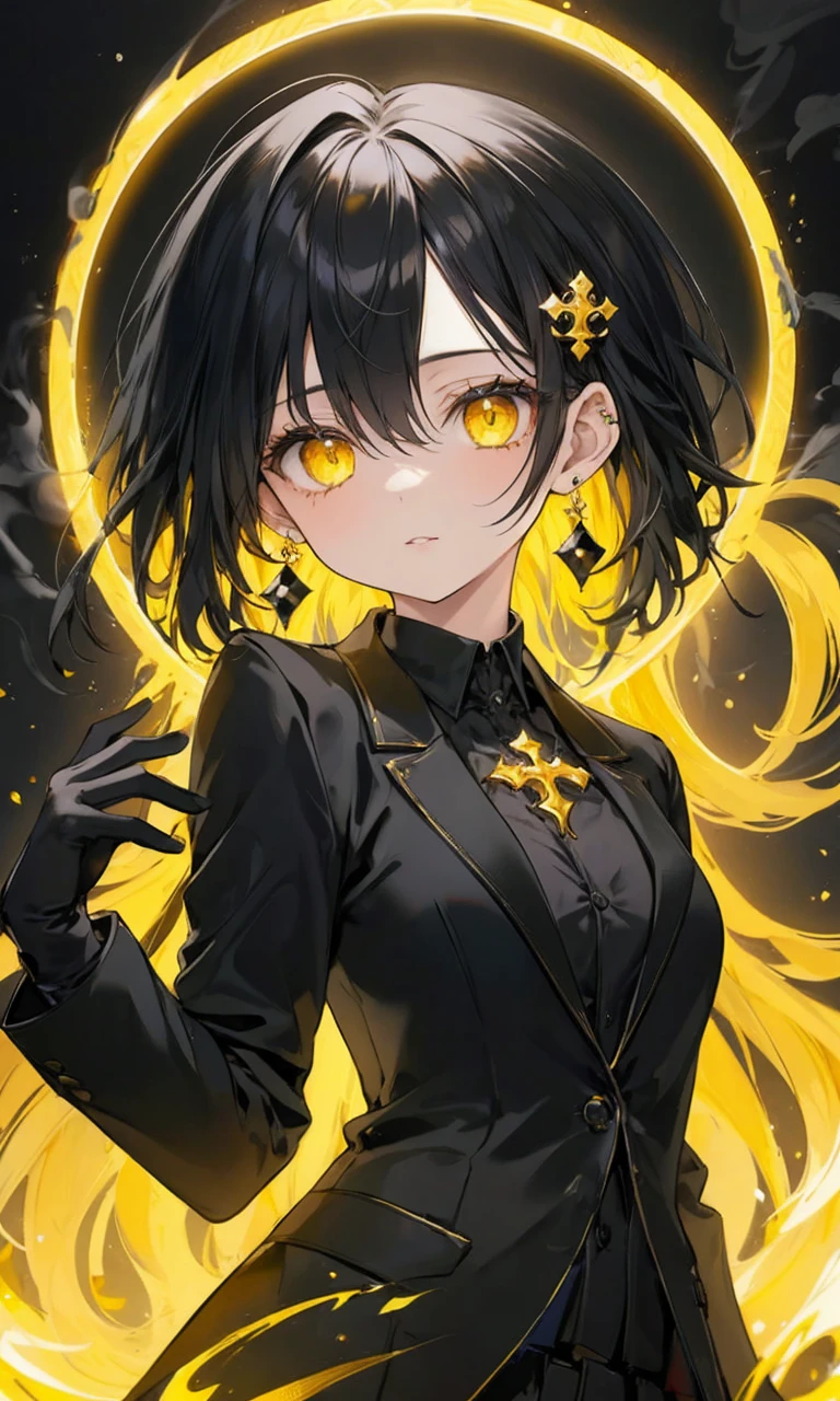 8k,High resolution RAW color art,Anime Art, (((Very detailed and cool))), Detailed skin, Blurry、texture,(Exquisitely crafted, Finer details, Ultra-detailed art), (((1 girl))), Written boundary depth, Silky to the touch, Hyper Detail, (((Cool face))), eye shadow、Silver Marble Skin, Beautiful and sophisticated eyes, Beautiful lip detail, Very delicate face, Delicate depiction of hair and eyes, masterpiece, best quality, Cinematic, Fancy effects, 1girl, Intricate details, shiny hair, shiny skin, detailed eye, hd eye, :|, beautiful eye, big eyes, gnome size, gothic, small breasts, navel, black hair, medium hair, yellow eyes, glowing eyes, baby face, goth, black casual outfit, black blazer, glowing nimbus (yellow glowing circle above head), Cross Earrings, hair between eyes, black gloves, upper body, looking at viewer, smoke background, big breasts