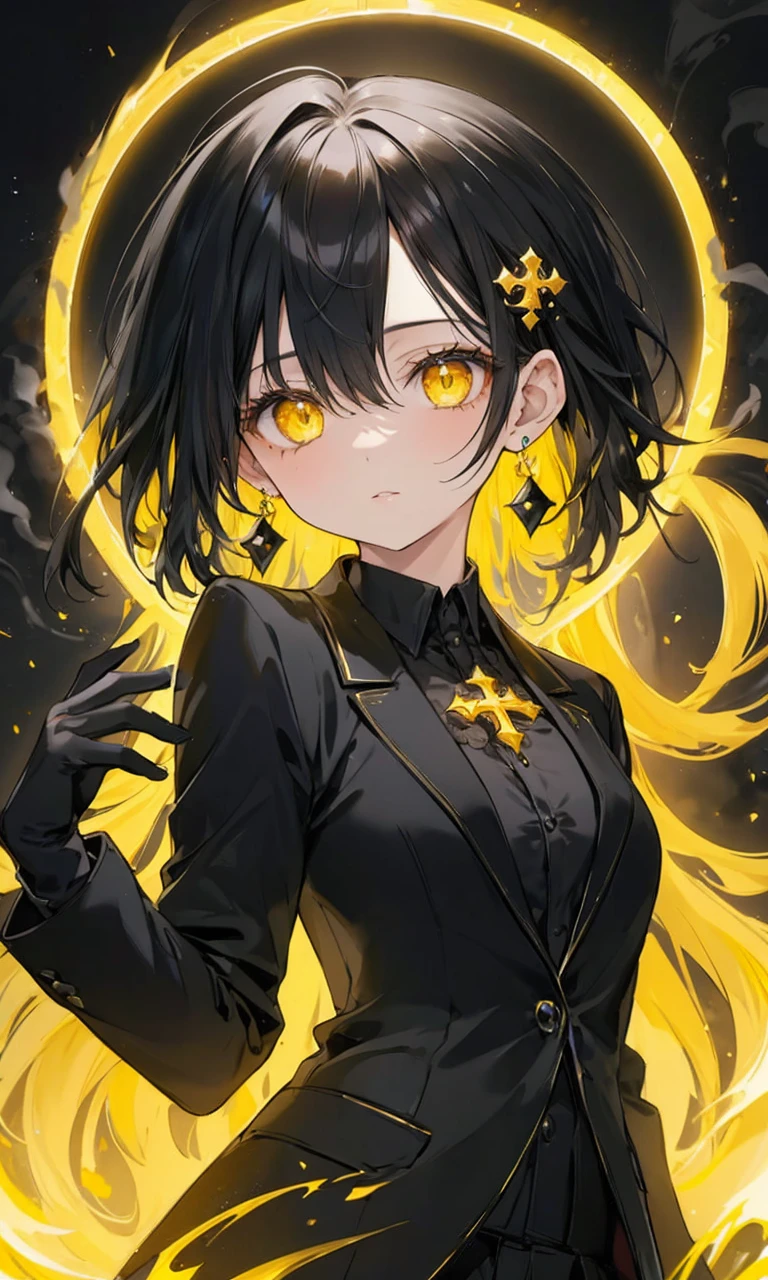 8k,High resolution RAW color art,Anime Art, (((Very detailed and cool))), Detailed skin, Blurry、texture,(Exquisitely crafted, Finer details, Ultra-detailed art), (((1 girl))), Written boundary depth, Silky to the touch, Hyper Detail, (((Cool face))), eye shadow、Silver Marble Skin, Beautiful and sophisticated eyes, Beautiful lip detail, Very delicate face, Delicate depiction of hair and eyes, masterpiece, best quality, Cinematic, Fancy effects, 1girl, Intricate details, shiny hair, shiny skin, detailed eye, hd eye, :|, beautiful eye, big eyes, gnome size, gothic, small breasts, navel, black hair, medium hair, yellow eyes, glowing eyes, baby face, goth, black casual outfit, black blazer, glowing nimbus (yellow glowing circle above head), Cross Earrings, hair between eyes, black gloves, upper body, looking at viewer, smoke background, big breasts
