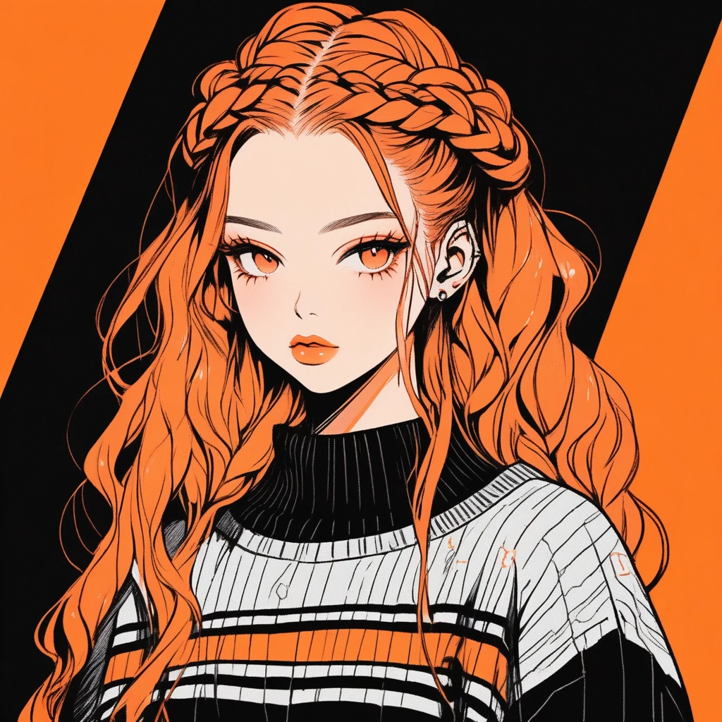(Highest quality, sketch:1.2),Realistic,Illustrator,anime,1 girl, Detailed lips,sweater,custom,Orange gradient background, Neon Hair, Braid, Texture Cropping, masterpiece, Style: Retro Classic, Dark Black