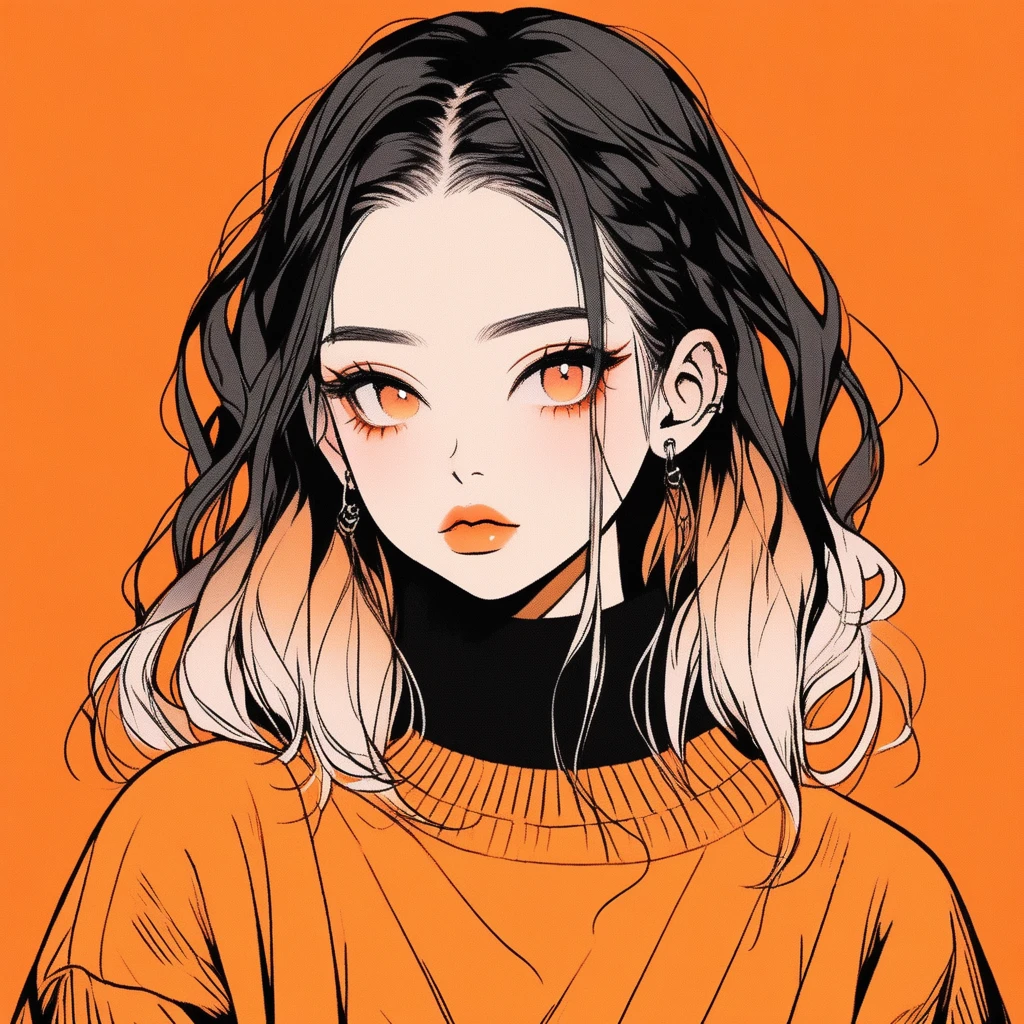 (Highest quality, sketch:1.2),Realistic,Illustrator,anime,1 girl, Detailed lips,sweater,custom,Orange gradient background, Neon Hair, Braid, Texture Cropping, masterpiece, Style: Retro Classic, Dark Black