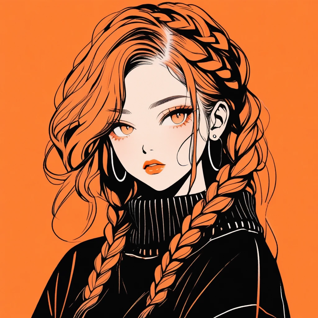 (Highest quality, sketch:1.2),Realistic,Illustrator,anime,1 girl, Detailed lips,sweater,custom,Orange gradient background, Neon Hair, Braid, Texture Cropping, masterpiece, Style: Retro Classic, Dark Black