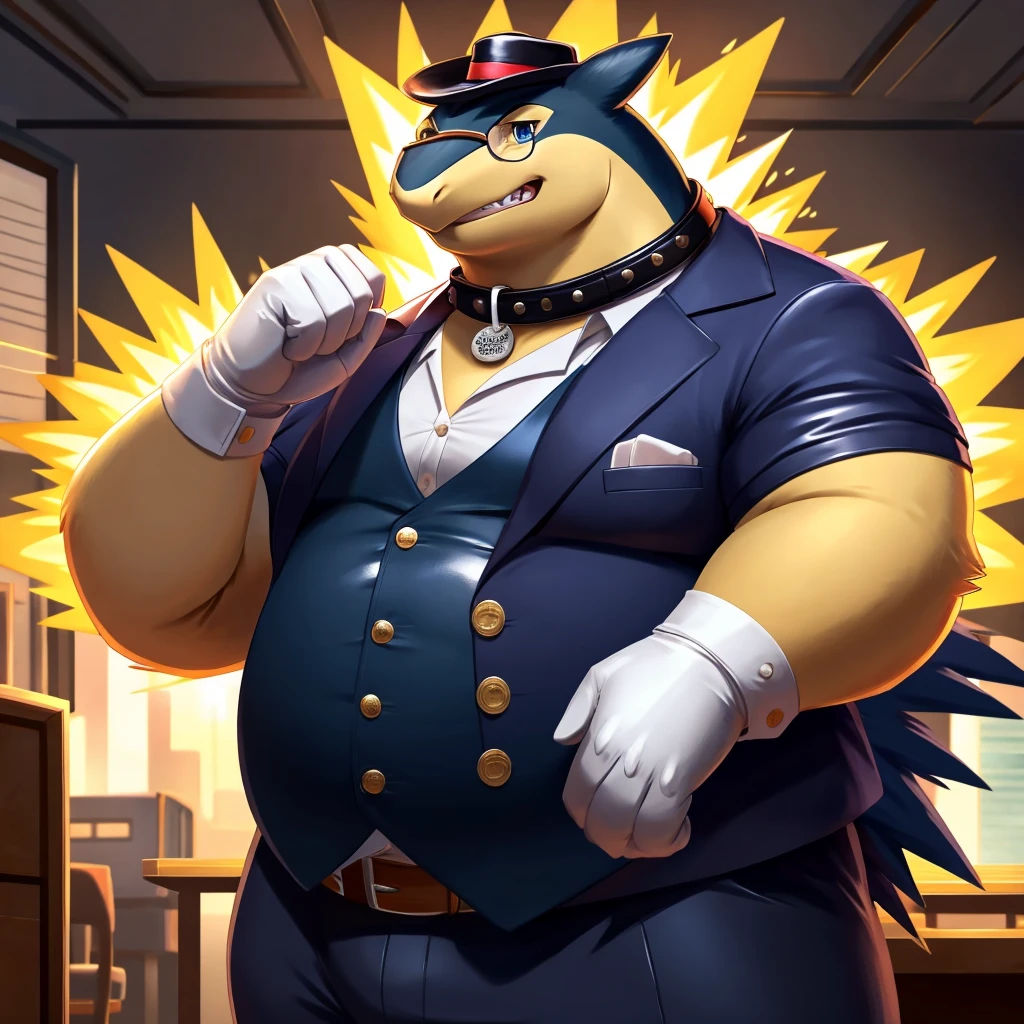Solo, Male, fat, extremely obese, gentleman, dapper Professor Typhlosion, mob boss, blue eyes, (posing:1.3), (soft shading), 4k, hi res, ((detailed face, detailed)), looking at viewer, mouth wide open, dapper clothing, collared shirt with buttons, bowler hat, male focus, Explorer Outfit, glasses, monocle, vest with buttons, sleeves rolled up, round eyewear, brown headwear, brown vest, office, Typhlosion is wearing a glossy leather dog collar around the neck, Typhlosion is wearing the leather collar and shirt and vest at the same time, Typhlosion is wearing glossy white rubber gloves on the hands, wearing white rubber gloves on the feet, gloves are rubber in texture, clenching teeth, clenching fists, leather collar is glossy and shiny with a lot of detail, Typhlosion is wearing gloves and leather collar at the same time, leather collar has a round dog-tag, leather collar is thick and detailed, leather collar is glossy and shiny, fancy clothing, dapper vest, dapper shirt, leather collar is thick, glossy leather collar.