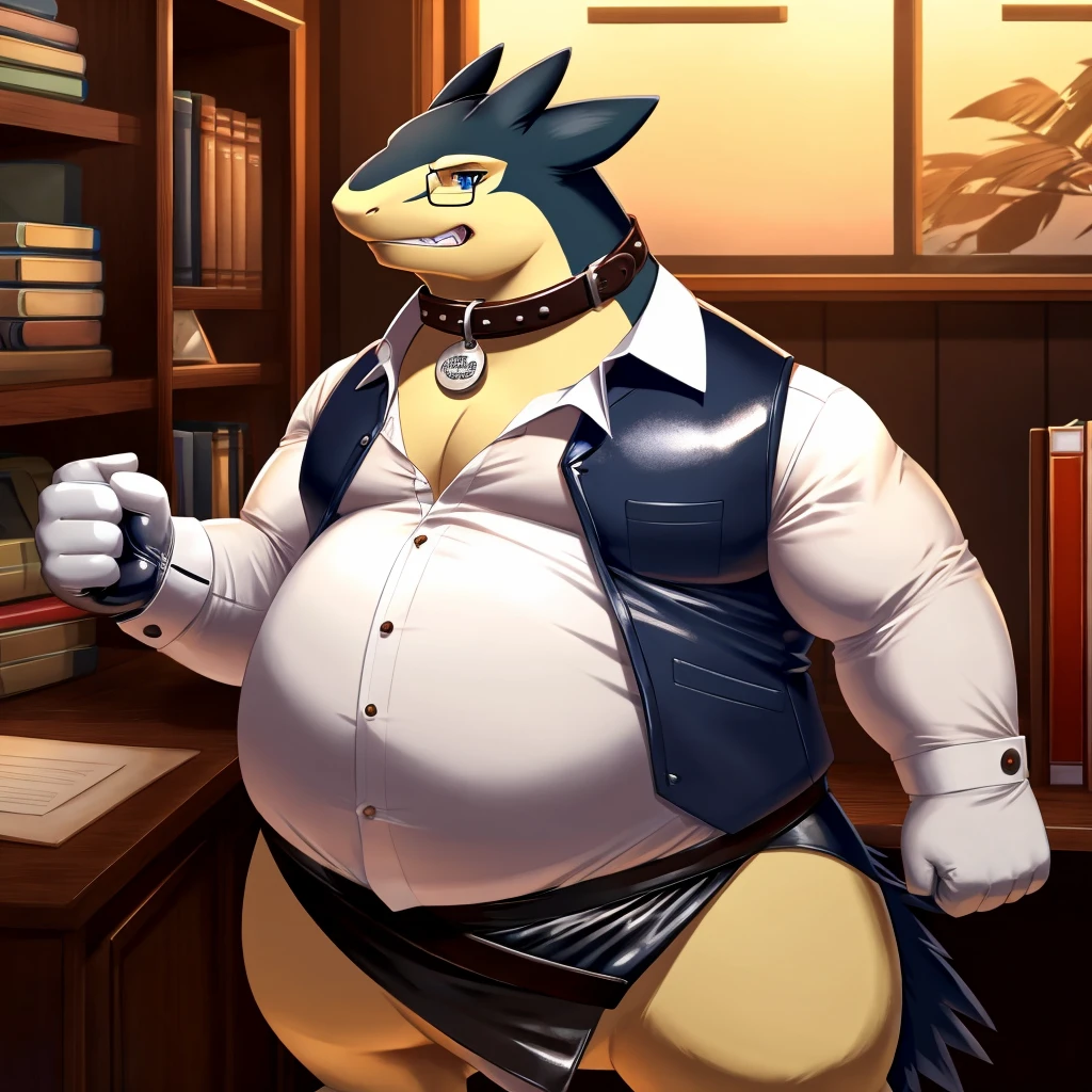 Solo, Male, fat, extremely obese, gentleman, dapper Professor Typhlosion, mob boss, blue eyes, (posing:1.3), (soft shading), 4k, hi res, ((detailed face, detailed)), looking at viewer, mouth wide open, dapper clothing, collared shirt with buttons, bowler hat, male focus, Explorer Outfit, glasses, monocle, vest with buttons, sleeves rolled up, round eyewear, brown headwear, brown vest, office, Typhlosion is wearing a glossy leather dog collar around the neck, Typhlosion is wearing the leather collar and shirt and vest at the same time, Typhlosion is wearing glossy white rubber gloves on the hands, wearing white rubber gloves on the feet, gloves are rubber in texture, clenching teeth, clenching fists, leather collar is glossy and shiny with a lot of detail, Typhlosion is wearing gloves and leather collar at the same time, leather collar has a round dog-tag, leather collar is thick and detailed, leather collar is glossy and shiny, fancy clothing, dapper vest, dapper shirt, leather collar is thick, glossy leather collar.