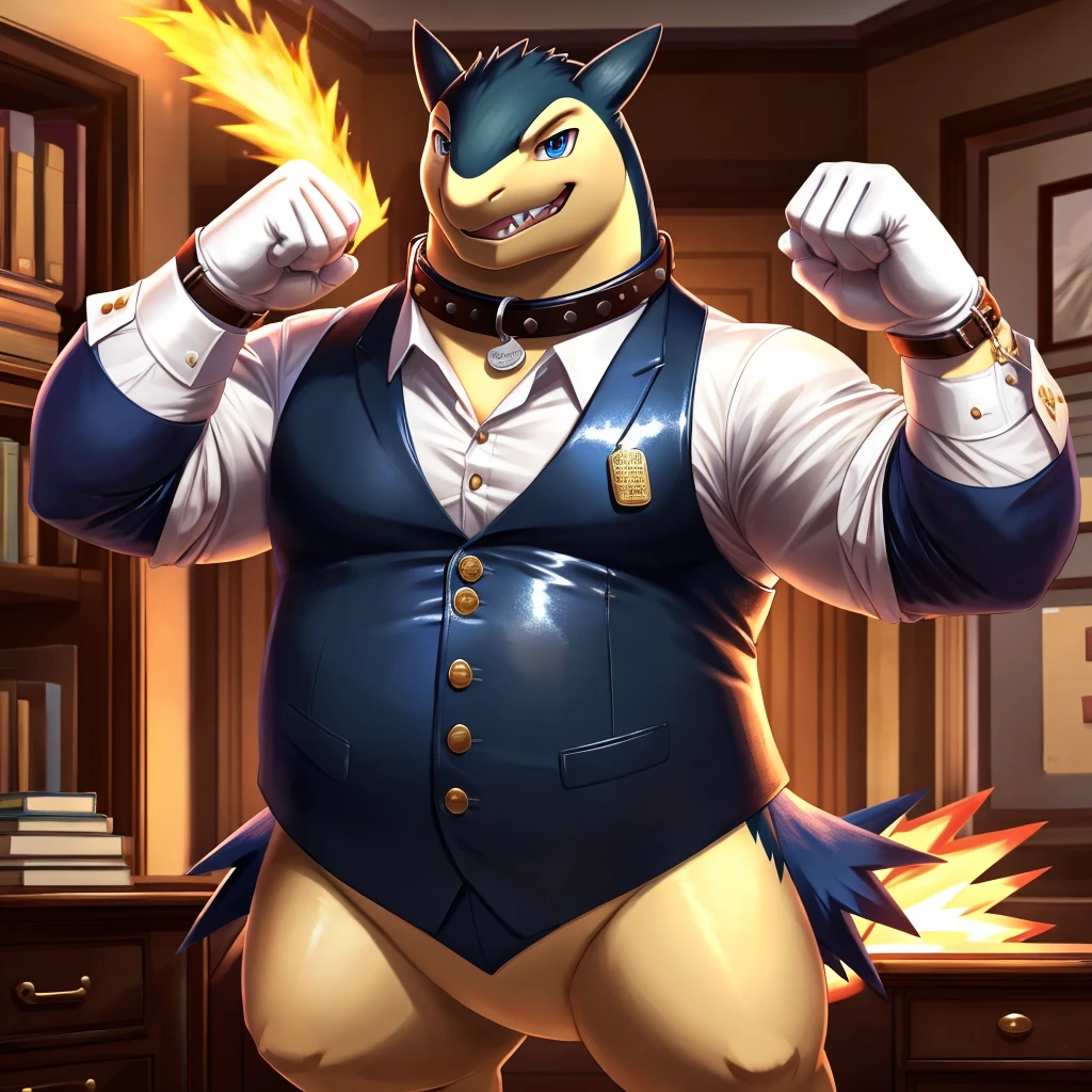 Solo, Male, fat, extremely obese, gentleman, dapper Professor Typhlosion, mob boss, blue eyes, (posing:1.3), (soft shading), 4k, hi res, ((detailed face, detailed)), looking at viewer, mouth wide open, dapper clothing, collared shirt with buttons, bowler hat, male focus, Explorer Outfit, glasses, monocle, vest with buttons, sleeves rolled up, round eyewear, brown headwear, brown vest, office, Typhlosion is wearing a glossy leather dog collar around the neck, Typhlosion is wearing the leather collar and shirt and vest at the same time, Typhlosion is wearing glossy white rubber gloves on the hands, wearing white rubber gloves on the feet, gloves are rubber in texture, clenching teeth, clenching fists, leather collar is glossy and shiny with a lot of detail, Typhlosion is wearing gloves and leather collar at the same time, leather collar has a round dog-tag, leather collar is thick and detailed, leather collar is glossy and shiny, fancy clothing, dapper vest, dapper shirt, leather collar is thick, glossy leather collar.