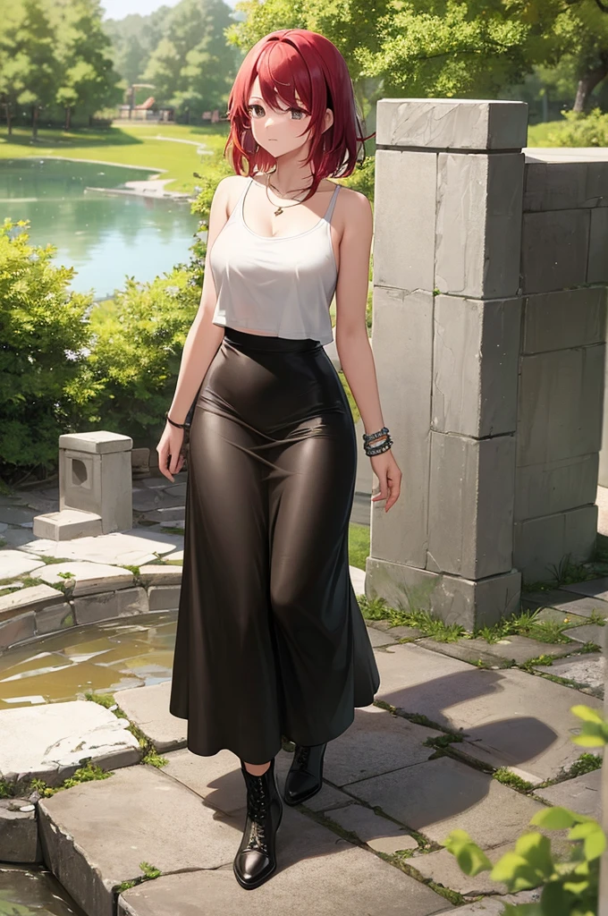 ((masterpiece, best quality)), 1girl, beautiful woman walking on stone path, wearing white tank top and black maxi skirt, necklace, bracelet, black boots, full body, red hair, tree, leaves, summer, stone wall, lake, ruins, rocks