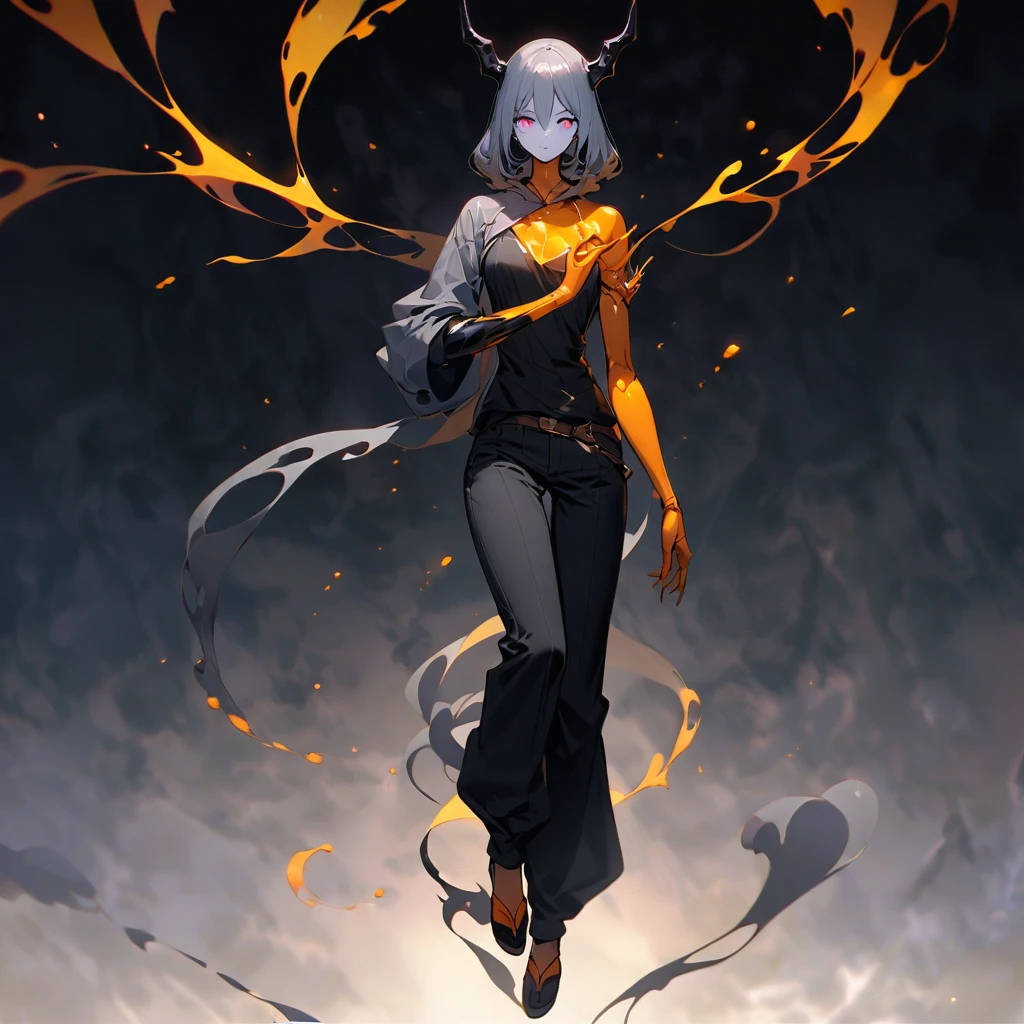 (well done:1) woman, short yellow slightly wavy hair, black horns and a black areola, white eyes, The arm starts at the top with a very light, almost white skin color. As it travels down the arm, the color gradually changes to a smoky gray that becomes increasingly darker. This transition is smooth and looks like a shadow effect or spots that spread across the arm. The lower part of the arm and the hand are completely black, with a shiny and viscous appearance, as if they were covered in a liquid substance. The arm is thin and elongated, giving an almost skeletal appearance. The fingers are long, thin and well articulated, with visibly defined joints. The hand and fingers have a somewhat angular and tapered shape, which gives the impression of claws or something similar. The skin texture appears smooth, but there is a sheen that suggests a moist or oily surface. gray hooded sweatshirt, loose black pants, black flip-flops.