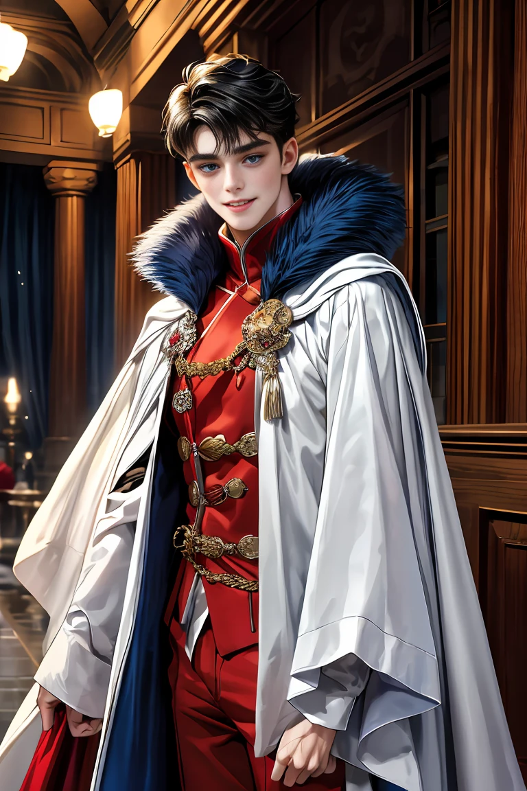 
masterpiece, 最high quality, high quality, 1 boy, alone, Male focus, Watching the audience,  Messy black hair, Adorable big blue eyes, White, Noble, Noble,A sexy, voluminous, puffy cape、vampire、A very voluminous, large, very large, very large, long, long red and black cape with a high stand-up collar, made of a lot of fabric that reaches down to the floor., ,Cute beautiful boys,Cute, cute, handsome boy with a gentle smile