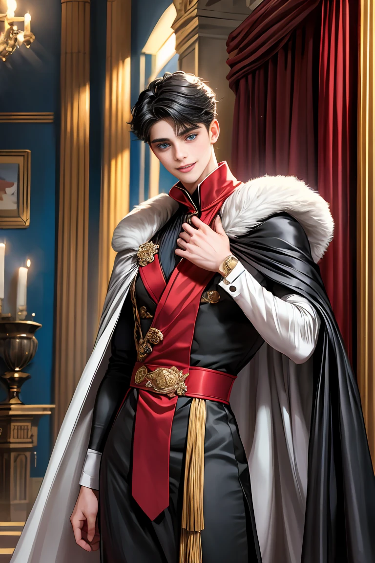 masterpiece, 最high quality, high quality, 1 boy, alone, Male focus, Watching the audience, Messy black hair, Adorable big blue eyes, White, Noble, Noble,A sexy, voluminous, puffy cape、vampire、A very voluminous, large, very large, very large, long, long red and black cape with a high stand-up collar, made of a lot of fabric that reaches down to the floor., 17 years old,Cute beautiful boys,Cute, cute, handsome boy with a gentle smile