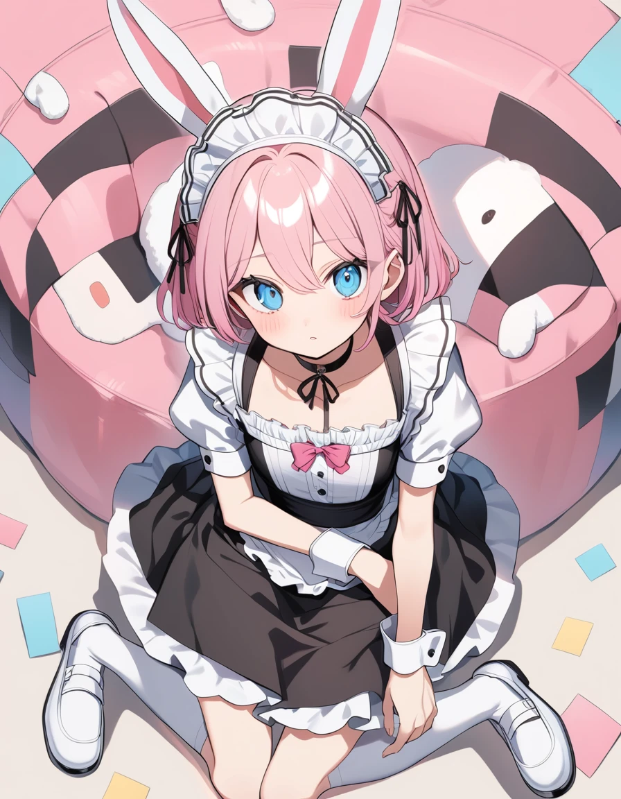pink hair, boy, , rabbit ears, maid outfit, blue eyes, choker, white shoes