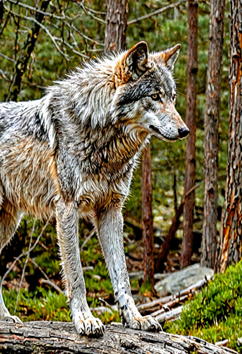 A gray wolf,With smooth, Silver exoskeleton suit,Covers the body from head to paws. The wolf's eyes glow red, Its ears are pointy. The wolf's nose is replaced by a high-tech sensor,Enables it to detect and track prey. The wolf's claws were replaced with retractable metal claws. The wolf has a long tail, Metal rod that can be used as a weapon. Wolf standing in a futuristic city, Surrounded by tall buildings and flying cars.
