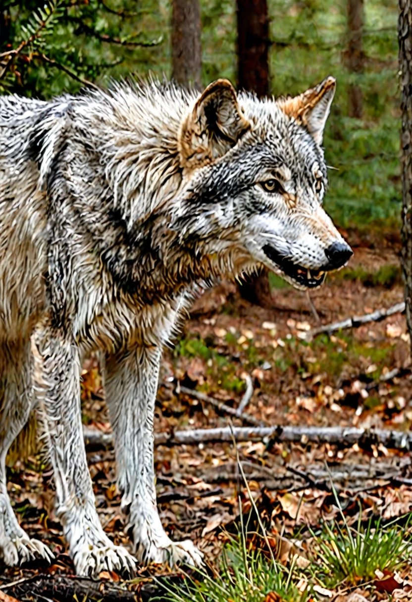 A gray wolf，With smooth, Silver exoskeleton suit，Covers the body from head to paws. The wolf&#39;s eyes glow red, Its ears are pointy. The wolf&#39;s nose is replaced by a high-tech sensor，Enables it to detect and track prey. The wolf&#39;s claws were replaced with retractable metal claws. The wolf has a long tail, Metal rod that can be used as a weapon. Wolf standing in a futuristic city, Surrounded by tall buildings and flying cars.
