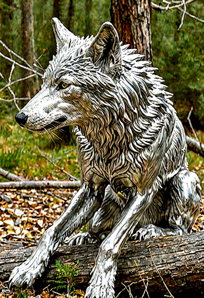 A gray wolf，With smooth, Silver exoskeleton suit，Covers the body from head to paws. The wolf&#39;s eyes glow red, Its ears are pointy. The wolf&#39;s nose is replaced by a high-tech sensor，Enables it to detect and track prey. The wolf&#39;s claws were replaced with retractable metal claws. The wolf has a long tail, Metal rod that can be used as a weapon. Wolf standing in a futuristic city, Surrounded by tall buildings and flying cars.