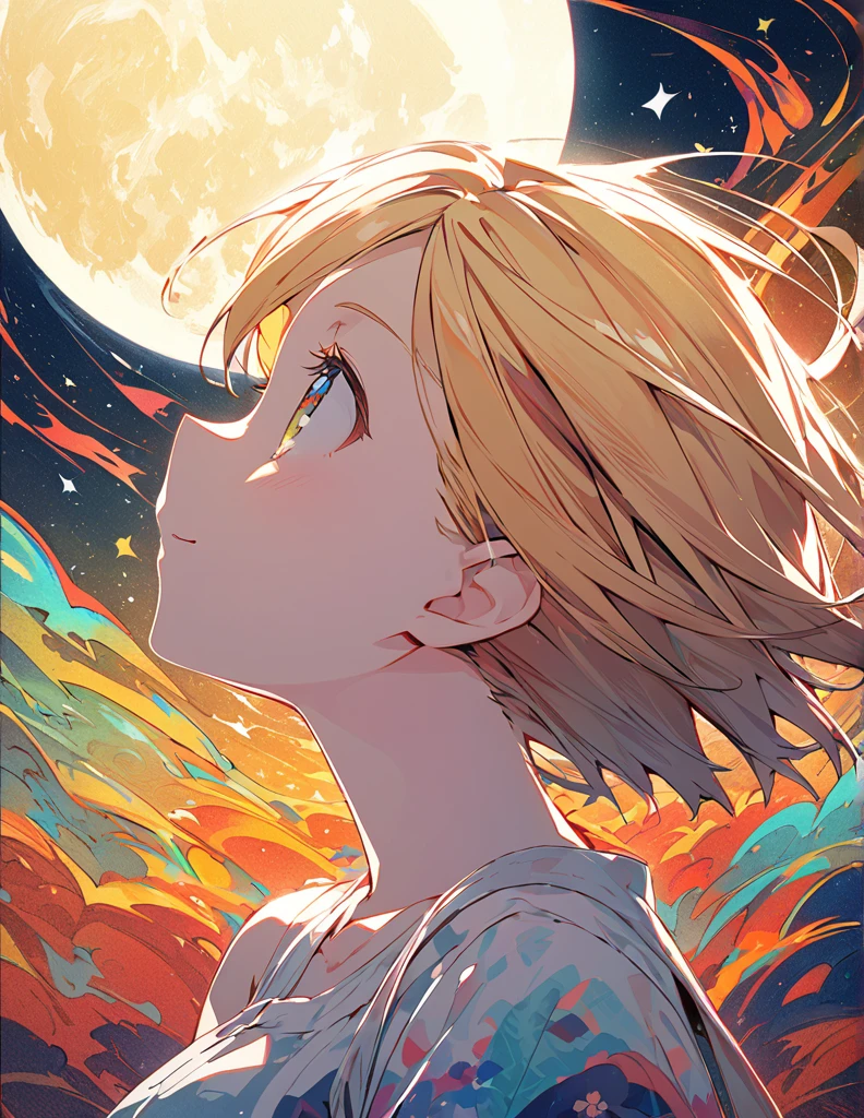 Profile of a cheerful blonde short-haired girl, side boob exposed Looking up at the moon Shaded painting style Abstract Painting Colorful Processing