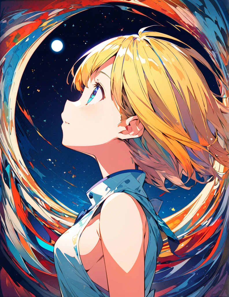 Profile of a cheerful blonde short-haired girl, side boob exposed　Screentone processing　Looking up at the moon　Shaded painting style