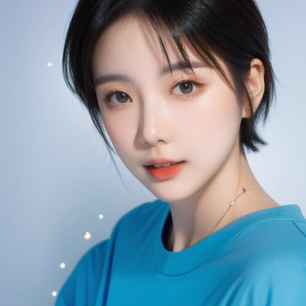 a woman with a short hair and a blue top posing for a picture, with short hair, girl cute-fine-face, 🤤 girl portrait, portrait cute-fine-face, with cute - fine - face, by Torii Kiyomoto, beautiful japanese girls face, chiho, soft portrait shot 8 k, lovely delicate face, cute-fine-face
