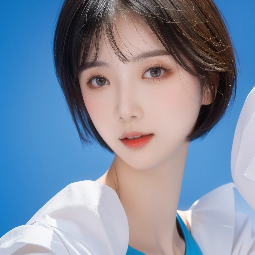 a woman with a short hair and a blue top posing for a picture, with short hair, girl cute-fine-face, 🤤 girl portrait, portrait cute-fine-face, with cute - fine - face, by Torii Kiyomoto, beautiful japanese girls face, chiho, soft portrait shot 8 k, lovely delicate face, cute-fine-face