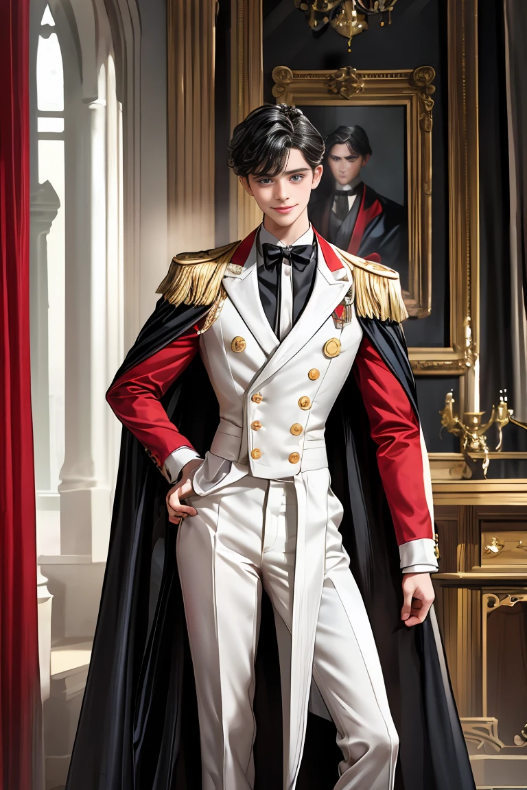 masterpiece, 最high quality, high quality, 1 boy, alone, Male focus, Watching the audience, Messy black hair, Adorable big blue eyes, White, Noble, Noble,A sexy, voluminous, puffy cape、tuxedo、A very voluminous, large, very large, very large, long, long red and black cape with a high stand-up collar, made of a lot of fabric that reaches down to the floor., ,Cute beautiful boys,Cute, cute, handsome boy with a gentle smile