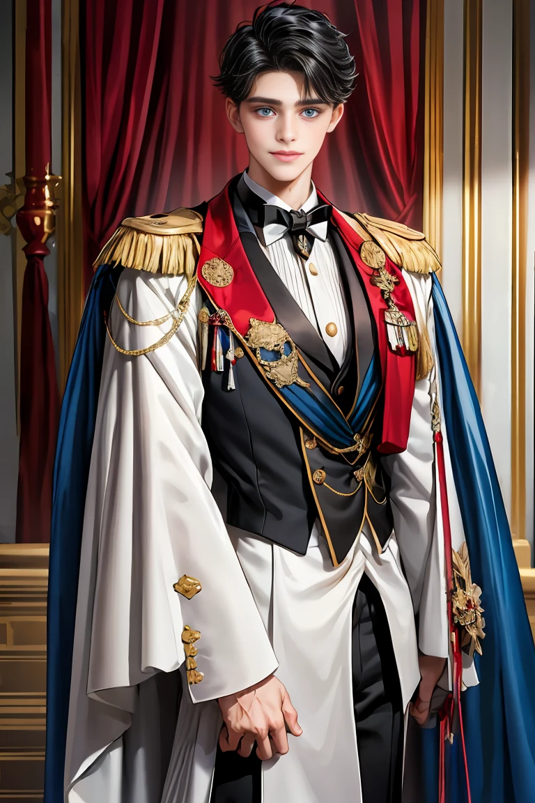 masterpiece, 最high quality, high quality, 1 boy, alone, Male focus, Watching the audience, Messy black hair, Adorable big blue eyes, White, Noble, Noble,A sexy, voluminous, puffy cape、tuxedo、A very voluminous, large, very large, very large, long, long red and black cape with a high stand-up collar, made of a lot of fabric that reaches down to the floor., ,Cute beautiful boys,Cute, cute, handsome boy with a gentle smile