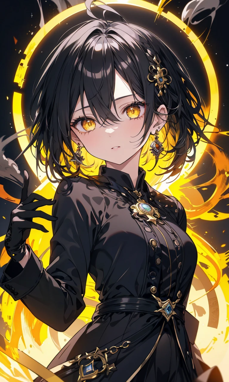 8k,High resolution RAW color art,Anime Art, (((Very detailed and cool))), Detailed skin, Blurry、texture,(Exquisitely crafted, Finer details, Ultra-detailed art), (((1 girl))), Written boundary depth, Silky to the touch, Hyper Detail, (((Cool face))), eye shadow、Silver Marble Skin, Beautiful and sophisticated eyes, Beautiful lip detail, Very delicate face, Delicate depiction of hair and eyes, masterpiece, best quality, Cinematic, Fancy effects, 1girl, Intricate details, shiny hair, shiny skin, detailed eye, hd eye, :|, beautiful eye, big eyes, gnome size, gothic, small breasts, navel, black hair, medium hair, yellow eyes, glowing eyes, baby face, goth, black casual outfit, black blazer, glowing nimbus (yellow glowing circle above head), Cross Earrings, hair between eyes, black gloves, upper body, looking at viewer, smoke background, big breasts