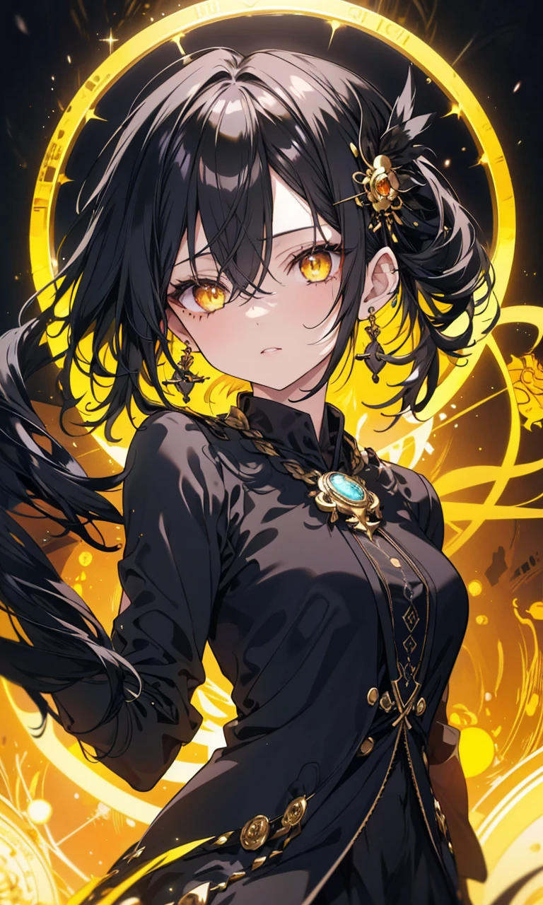 8k,High resolution RAW color art,Anime Art, (((Very detailed and cool))), Detailed skin, Blurry、texture,(Exquisitely crafted, Finer details, Ultra-detailed art), (((1 girl))), Written boundary depth, Silky to the touch, Hyper Detail, (((Cool face))), eye shadow、Silver Marble Skin, Beautiful and sophisticated eyes, Beautiful lip detail, Very delicate face, Delicate depiction of hair and eyes, masterpiece, best quality, Cinematic, Fancy effects, 1girl, Intricate details, shiny hair, shiny skin, detailed eye, hd eye, :|, beautiful eye, big eyes, gnome size, gothic, small breasts, navel, black hair, medium hair, yellow eyes, glowing eyes, baby face, goth, black casual outfit, black blazer, glowing nimbus (yellow glowing circle above head), Cross Earrings, hair between eyes, black gloves, upper body, looking at viewer, smoke background, big breasts 