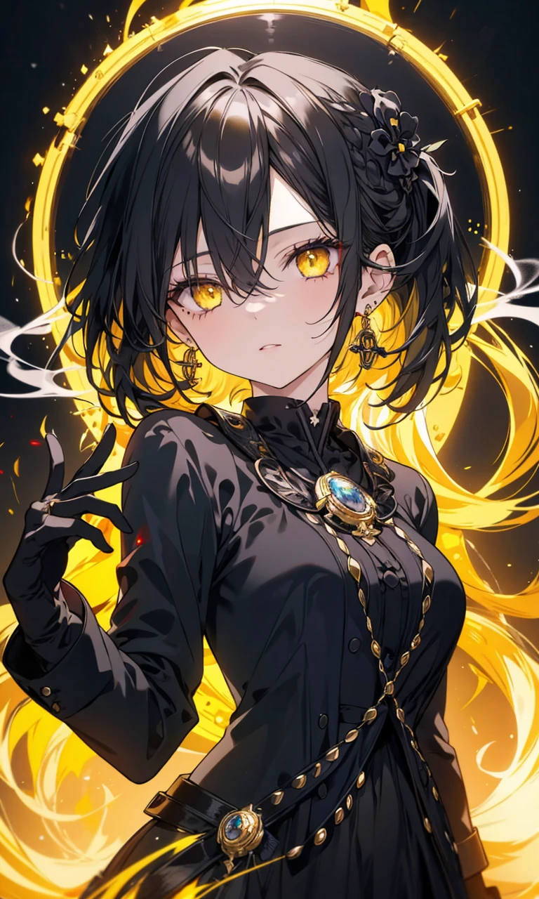 8k,High resolution RAW color art,Anime Art, (((Very detailed and cool))), Detailed skin, Blurry、texture,(Exquisitely crafted, Finer details, Ultra-detailed art), (((1 girl))), Written boundary depth, Silky to the touch, Hyper Detail, (((Cool face))), eye shadow、Silver Marble Skin, Beautiful and sophisticated eyes, Beautiful lip detail, Very delicate face, Delicate depiction of hair and eyes, masterpiece, best quality, Cinematic, Fancy effects, 1girl, Intricate details, shiny hair, shiny skin, detailed eye, hd eye, :|, beautiful eye, big eyes, gnome size, gothic, small breasts, navel, black hair, medium hair, yellow eyes, glowing eyes, baby face, goth, black casual outfit, black blazer, glowing nimbus (yellow glowing circle above head), Cross Earrings, hair between eyes, black gloves, upper body, looking at viewer, smoke background, big breasts 