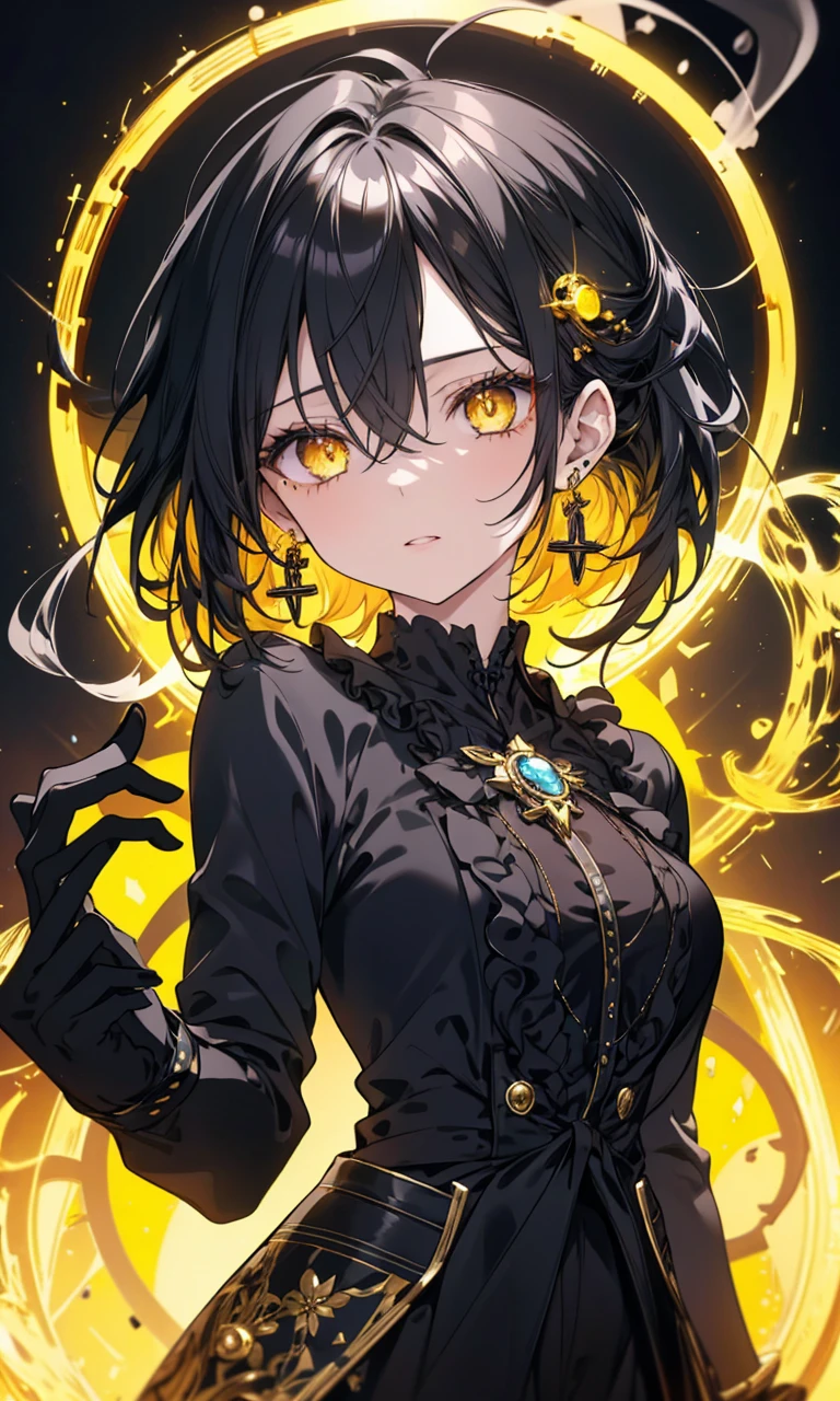 8k,High resolution RAW color art,Anime Art, (((Very detailed and cool))), Detailed skin, Blurry、texture,(Exquisitely crafted, Finer details, Ultra-detailed art), (((1 girl))), Written boundary depth, Silky to the touch, Hyper Detail, (((Cool face))), eye shadow、Silver Marble Skin, Beautiful and sophisticated eyes, Beautiful lip detail, Very delicate face, Delicate depiction of hair and eyes, masterpiece, best quality, Cinematic, Fancy effects, 1girl, Intricate details, shiny hair, shiny skin, detailed eye, hd eye, :|, beautiful eye, big eyes, gnome size, gothic, small breasts, navel, black hair, medium hair, yellow eyes, glowing eyes, baby face, goth, black casual outfit, black blazer, glowing nimbus (yellow glowing circle above head), Cross Earrings, hair between eyes, black gloves, upper body, looking at viewer, smoke background, big breasts